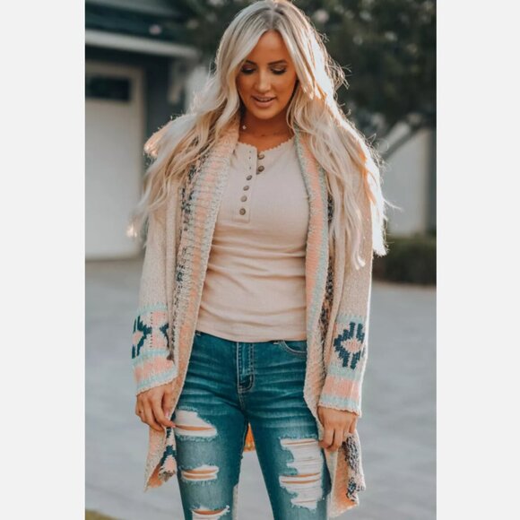 Blue B Collection Apricot Aztec Open Duster Cardigan Sweater Womens Size Medium - Picture 3 of 12